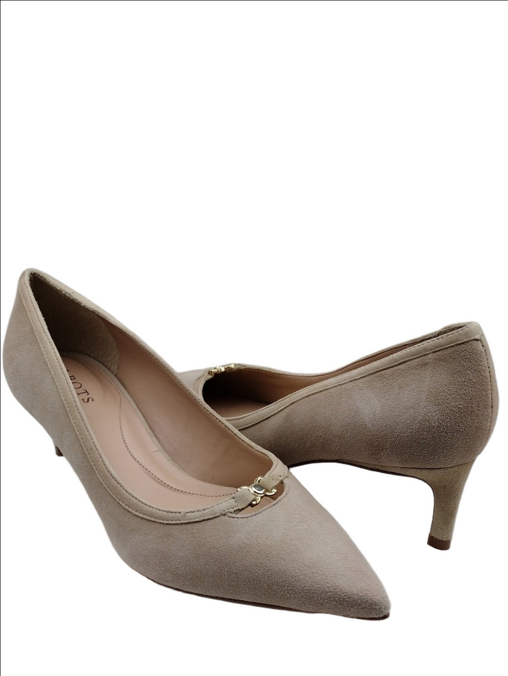 Talbots Beige Suede Leather Gold Hardware Strap Point Toe Low Heel Slip On Pumps
